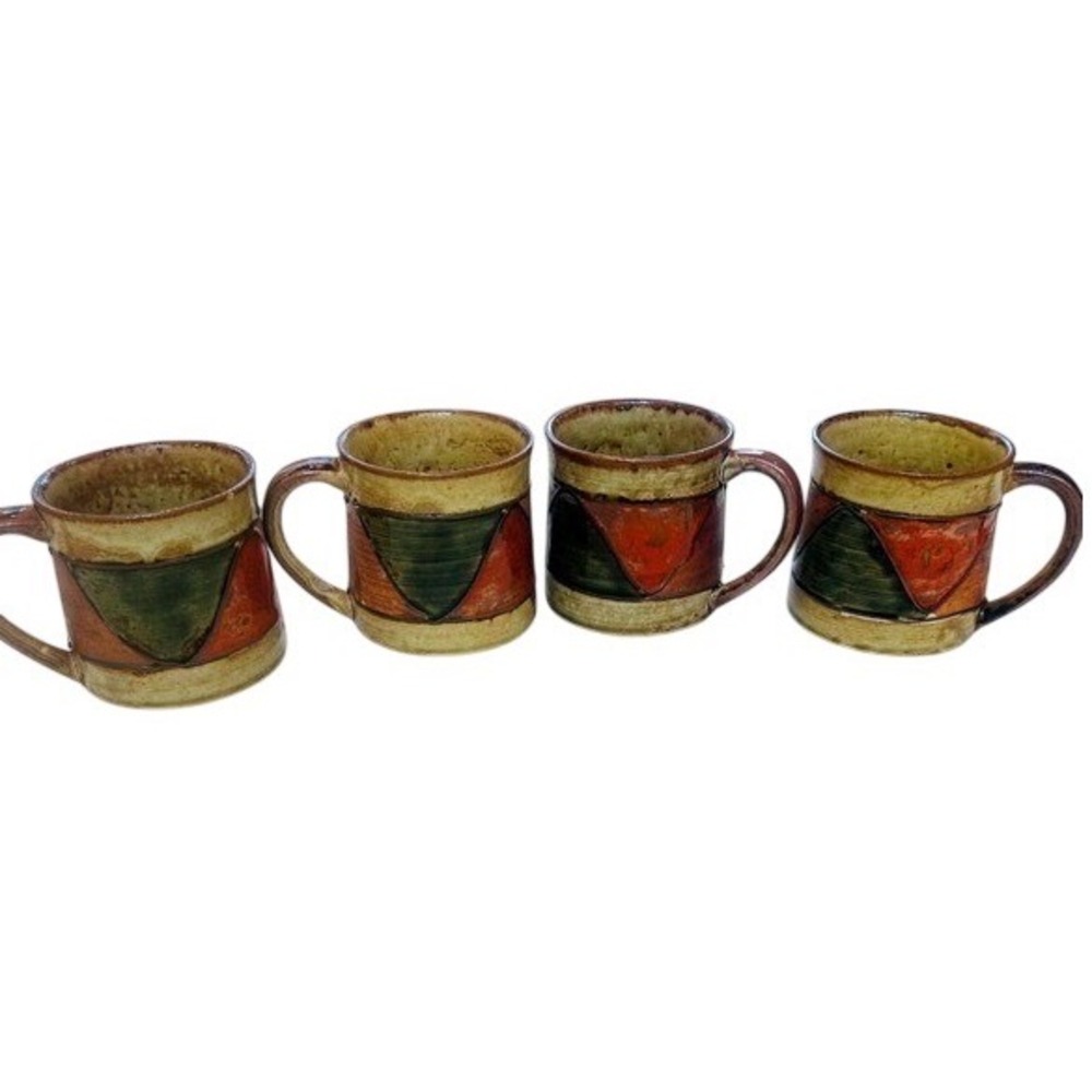 Set of 4 vintage‎ Handcrafted Ceramic Mugs Earth Tone Geometric Design